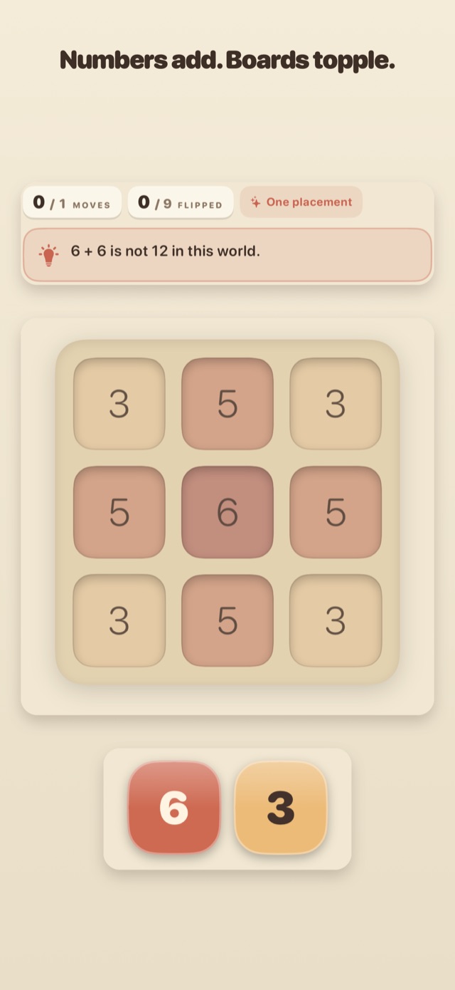 Gameplay with a hint banner: numbers add, boards topple